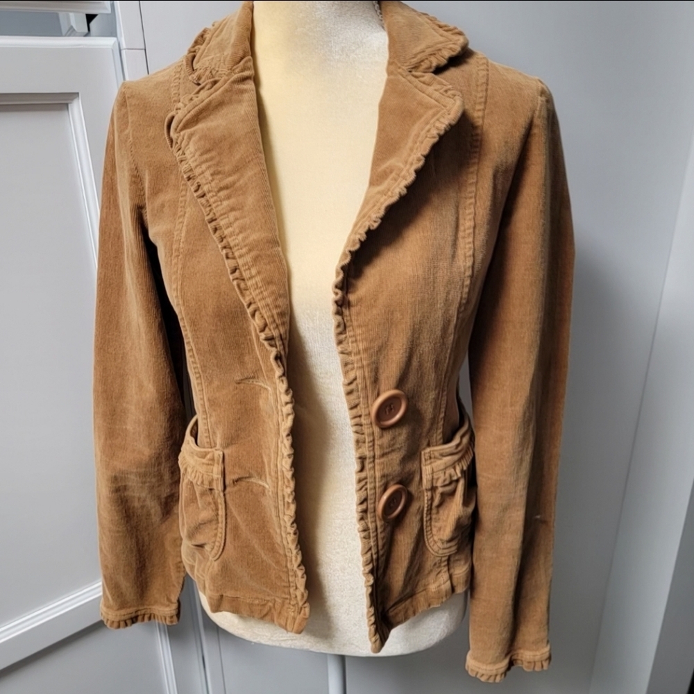 BKE Corduroy Ruffle Trim Boho Blazer Jacket Tan Size Small Fall Fun Coquette